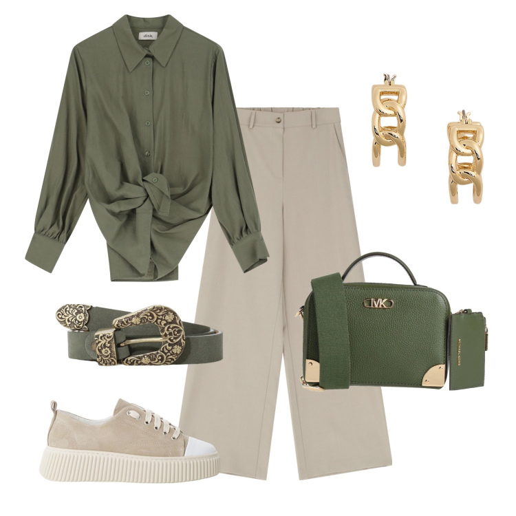 Outfit donna - Camicia verde oliva. Stile Military per Tutti i giorni. Abbinamento con borse a tracolla, sneakers, orecchini, pantaloni a palazzo, camicie, cinture.