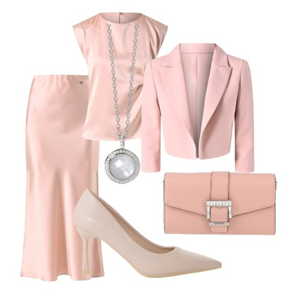 Outfit donna - Matrimonio in vista. Stile Glamour per Cerimonia. Abbinamento con borse a mano, décolleté, collane, gonne, top, blazer.