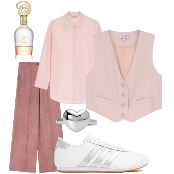 Outfit donna - Aspettando la primavera. Stile Casual chic per Tutti i giorni. Abbinamento con profumi, anelli, pantaloni a palazzo, gilet, camicie, sneakers.