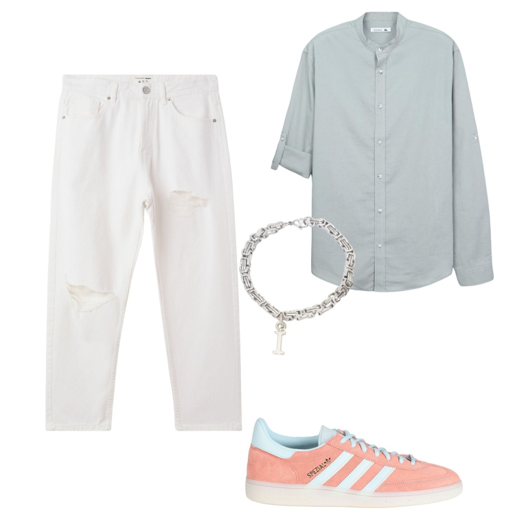 Outfit uomo - La sneakers salmone. Stile Trendy per Tutti i giorni. Abbinamento con sneakers, jeans strappati, camicie, braccialetti.
