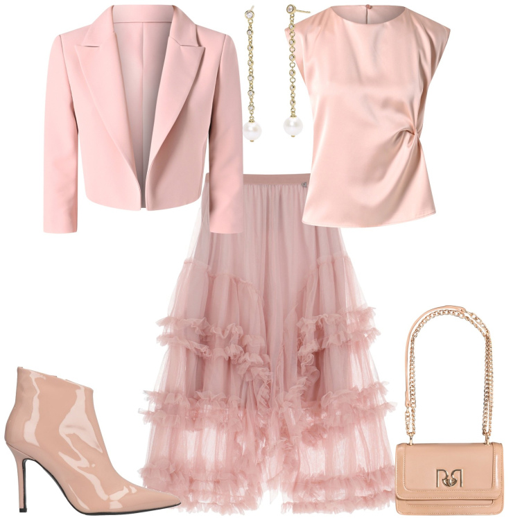 Outfit donna - Cerimonia evento serata speciale. Stile Romantica per Cerimonia. Abbinamento con stivaletti, gonne lunghe, orecchini, top, blazer, borse a tracolla.