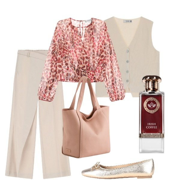 Outfit donna - Domenica mattina. Stile Casual chic per Tutti i giorni. Abbinamento con ballerine, profumi, pantaloni, bluse, gilet, shopping bag.