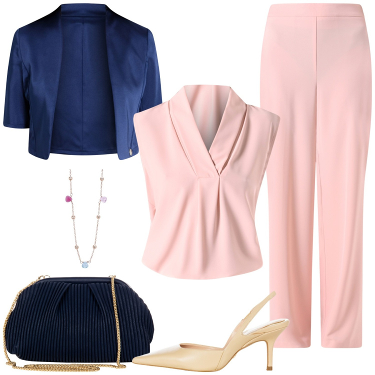 Outfit donna - Rinascimento primavera estate 2025. Stile Glamour per Cerimonia. Abbinamento con collane, bluse, blazer, pantaloni, décolleté, pochette.