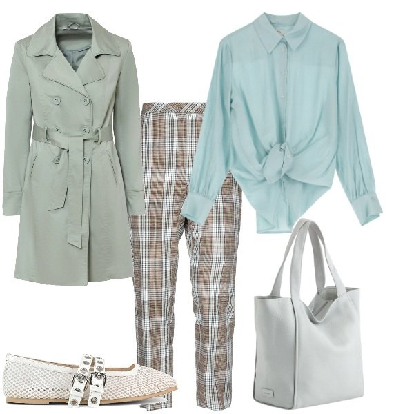 Outfit donna - Aspettando la primavera. Stile Casual chic per Tutti i giorni. Abbinamento con trench, pantaloni, camicie, ballerine, shopping bag.