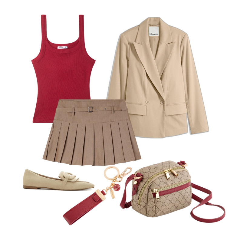Outfit donna - La skort in città. Stile Trendy per Tutti i giorni. Abbinamento con mocassini, blazer, minigonne, canottiere, borse a tracolla, portachiavi.