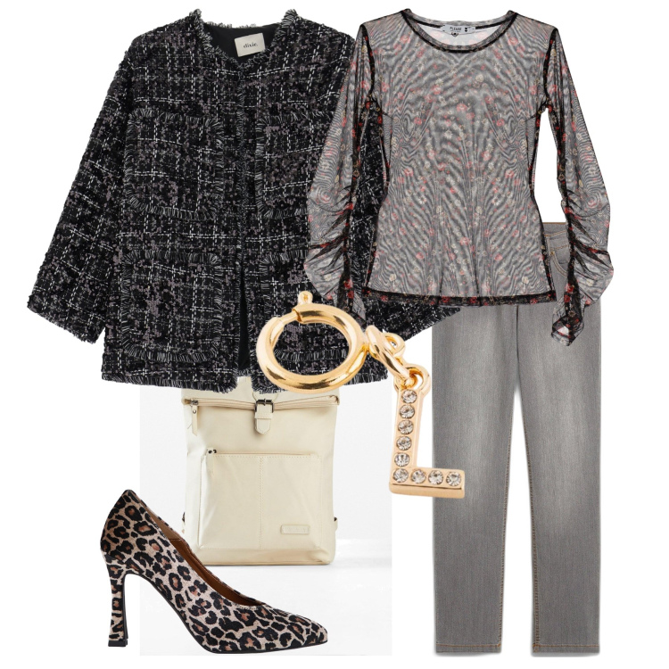 Outfit donna - Elle. Stile Chic per Tutti i giorni. Abbinamento con jeans dritti, zaini, t-shirt, décolleté, blazer, portachiavi.