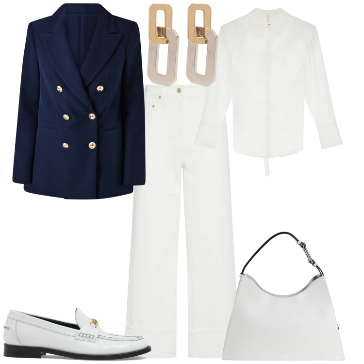Outfit donna - Total look #2087499. Stile Chic per Tutti i giorni. Abbinamento con borse a mano, blazer, camicie, jeans, orecchini, mocassini.