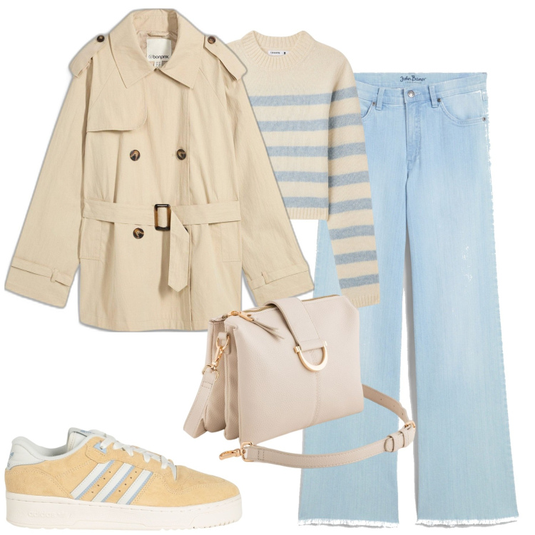 Outfit donna - Total look #2087502. Stile Urban per Tutti i giorni. Abbinamento con trench, jeans, sneakers, maglieria, borse a tracolla.