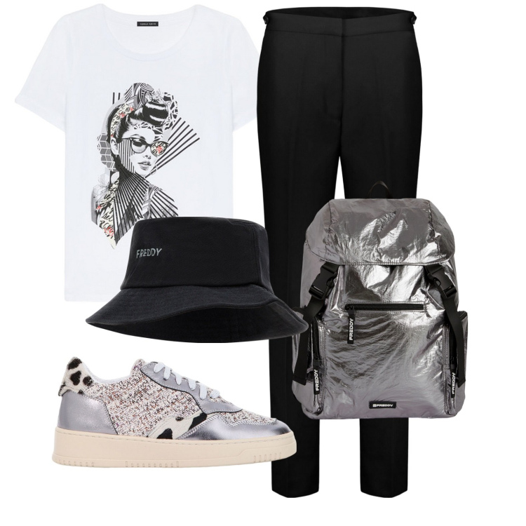 Outfit donna - Miss. Stile Basic per Tutti i giorni. Abbinamento con sneakers, zaini, cappelli, pantaloni, t-shirt.
