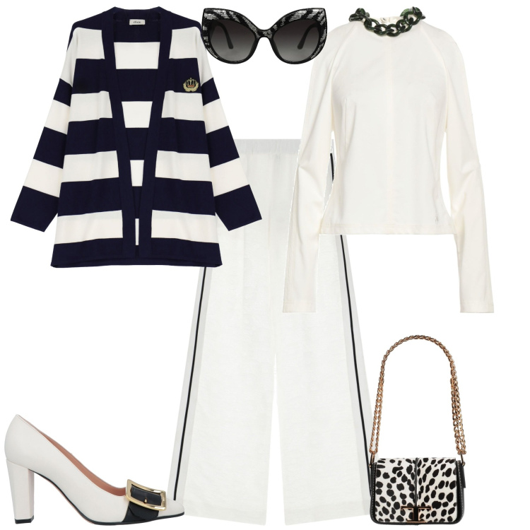 Outfit donna - Total look #2087509. Stile Chic per Tutti i giorni. Abbinamento con décolleté, top, borse a spalla, occhiali da sole, pantaloni a palazzo, cardigans.