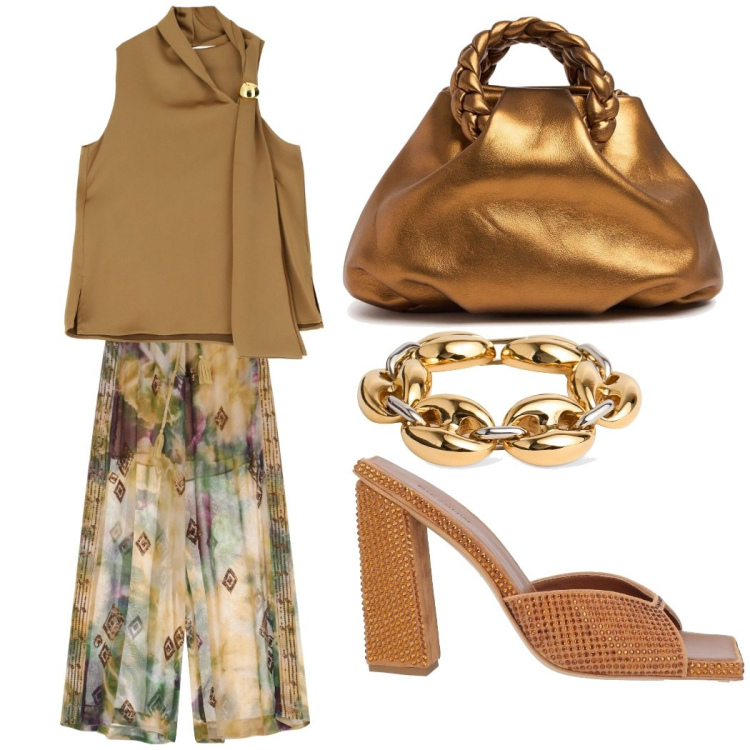 Outfit donna - Oro. Stile Chic per Serata fuori. Abbinamento con sandali in pelle, top, pantaloni a palazzo, braccialetti, borse a mano.