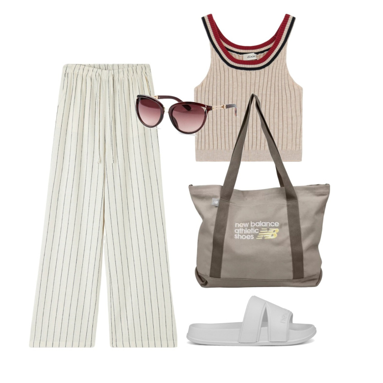 Outfit donna - Miss Summer. Stile Basic per Tutti i giorni. Abbinamento con occhiali da sole, pantaloni, sandali, shopping bag, top.