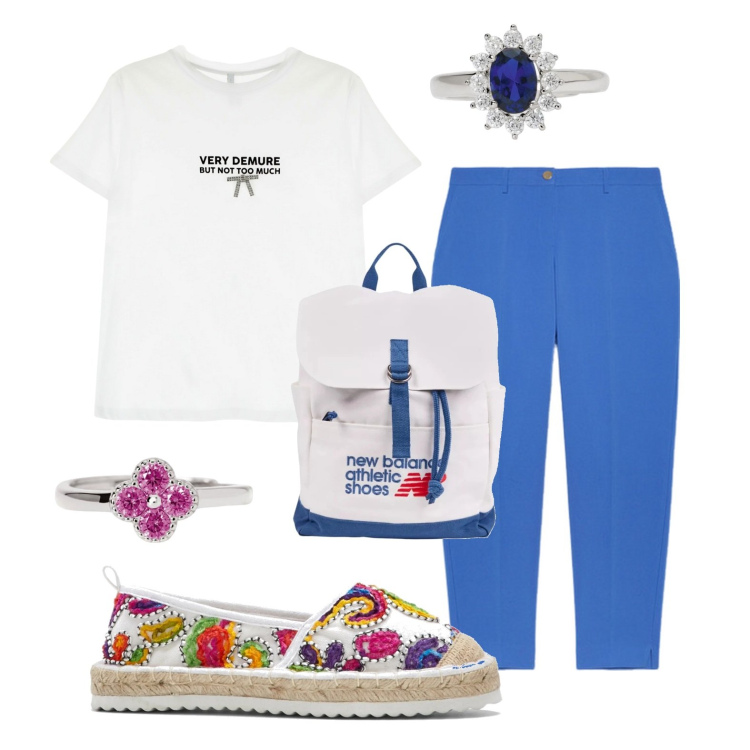 Outfit donna - Bluette. Stile Basic per Tutti i giorni. Abbinamento con espadrillas, anelli, anelli, zaini, t-shirt, pantaloni chino.