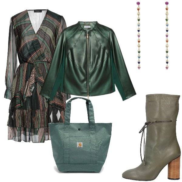 Outfit donna - A spasso per la città. Stile Casual chic per Tutti i giorni. Abbinamento con vestiti corti, stivaletti, orecchini, blazer, borse tote.