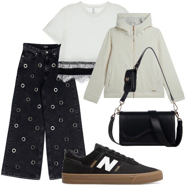 Outfit donna - A spasso per la città. Stile Trendy per Tutti i giorni. Abbinamento con sneakers, pochette, t-shirt, blazer, jeans.