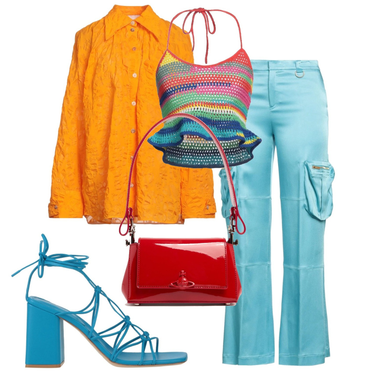 Outfit donna - Colore!. Stile Glamour per Tutti i giorni. Abbinamento con camicie, top, pantaloni cargo, sandali in pelle, borse a spalla.