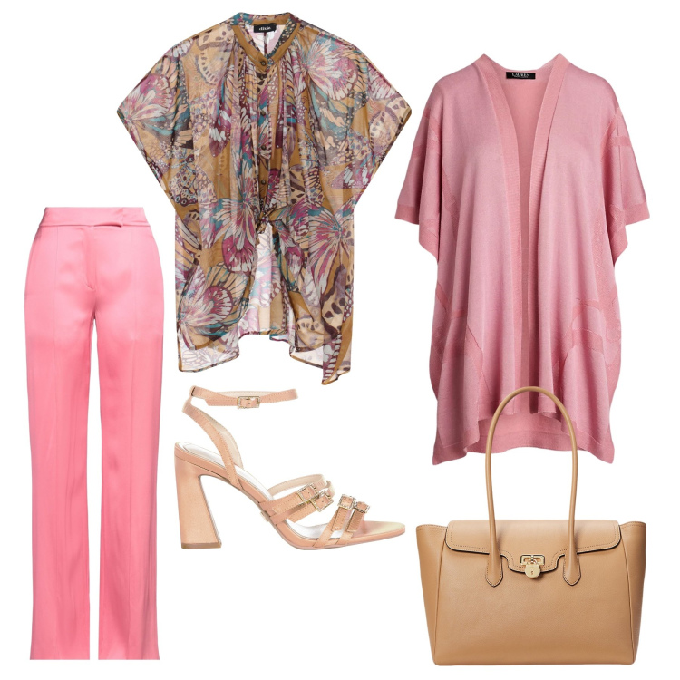 Outfit donna - Un aperitivo con i colleghi. Stile Casual chic per Serata fuori. Abbinamento con pantaloni, camicie a manica corta, sandali col tacco, cappe, borse a mano.