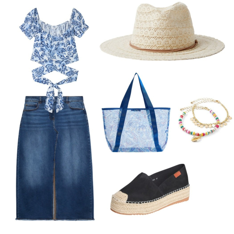 Outfit donna - Gonna di jeans. Stile Trendy per Mare. Abbinamento con braccialetti con ciondoli, bluse, cappelli, shopping bag, espadrillas, gonne lunghe.