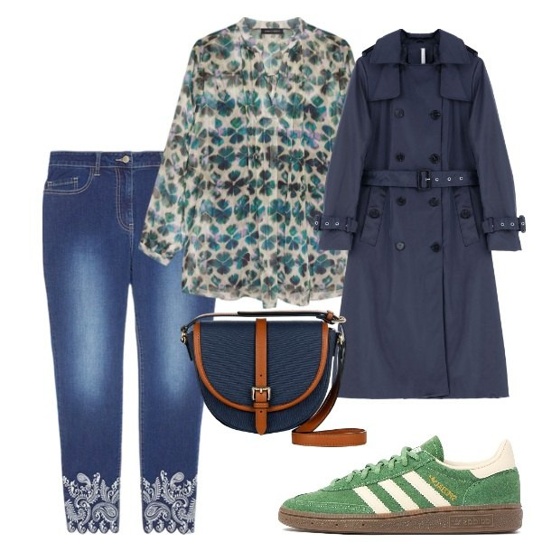Outfit donna - A spasso per la città. Stile Trendy per Tutti i giorni. Abbinamento con borse a tracolla, trench, jeans skinny, bluse, sneakers.
