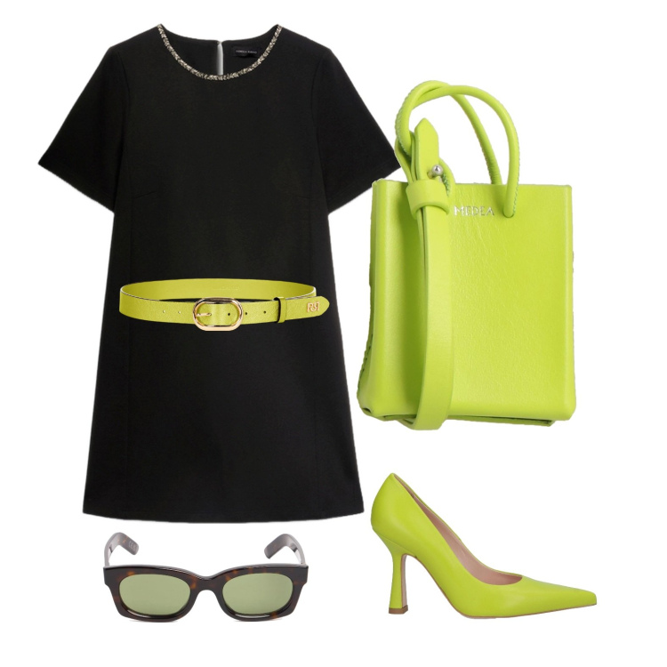 Outfit donna - Verde acido. Stile Romantica per Serata fuori. Abbinamento con décolleté, borse a spalla, cinture, vestiti corti, occhiali da sole.
