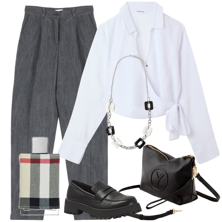 Outfit donna - Total look #2087533. Abbinamento con profumi, camicie, mocassini, pantaloni, valigie, collane.