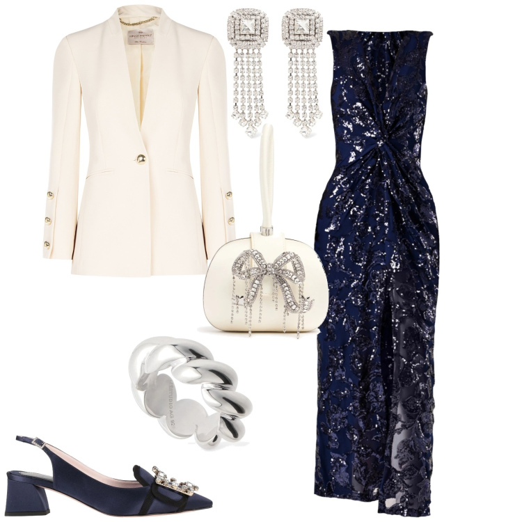 Outfit donna - Serata evento speciale. Stile Bon Ton per Serata fuori. Abbinamento con décolleté, vestiti lunghi, blazer, anelli, pochette, orecchini.