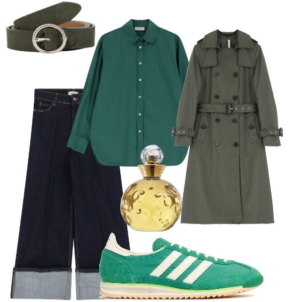 Outfit donna - A spasso per la città. Stile Trendy per Tutti i giorni. Abbinamento con profumi, trench, cinture, camicie, jeans, sneakers.