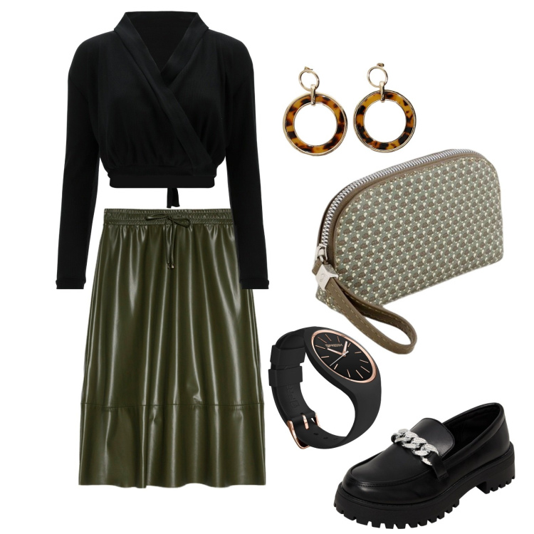 Outfit donna - Gipsy. Stile Casual chic per Serata fuori. look ideale per Tall. Abbinamento con mocassini, top, orologi, orecchini, gonne longuette, valigie.