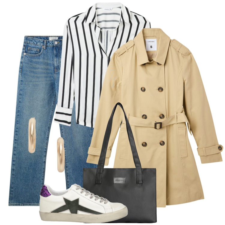 Outfit donna - Total look #2087540. Abbinamento con sneakers, trench, camicie, jeans dritti, shopping bag, orecchini.