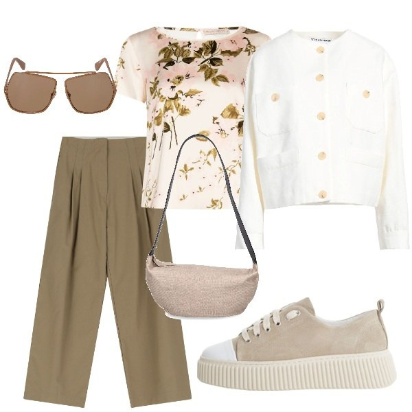 Outfit donna - Aspettando la primavera. Stile Trendy per Tutti i giorni. Abbinamento con blazer, bluse, pantaloni, sneakers, borse a spalla, occhiali da sole.