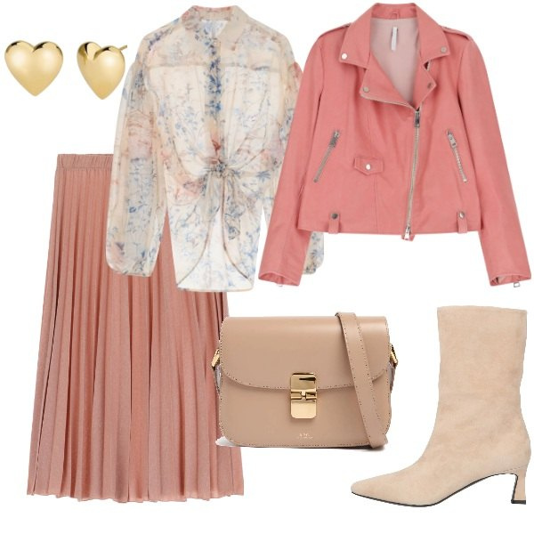 Outfit donna - Serata fuori. Stile Casual chic per Serata fuori. Abbinamento con stivaletti, orecchini, gonne, giacche, camicie, borse a spalla.
