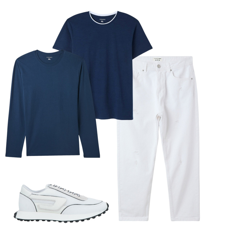 Outfit uomo - Total look #2087558. Stile Casual per Tutti i giorni. Abbinamento con sneakers, t-shirt, jeans strappati, maglieria.