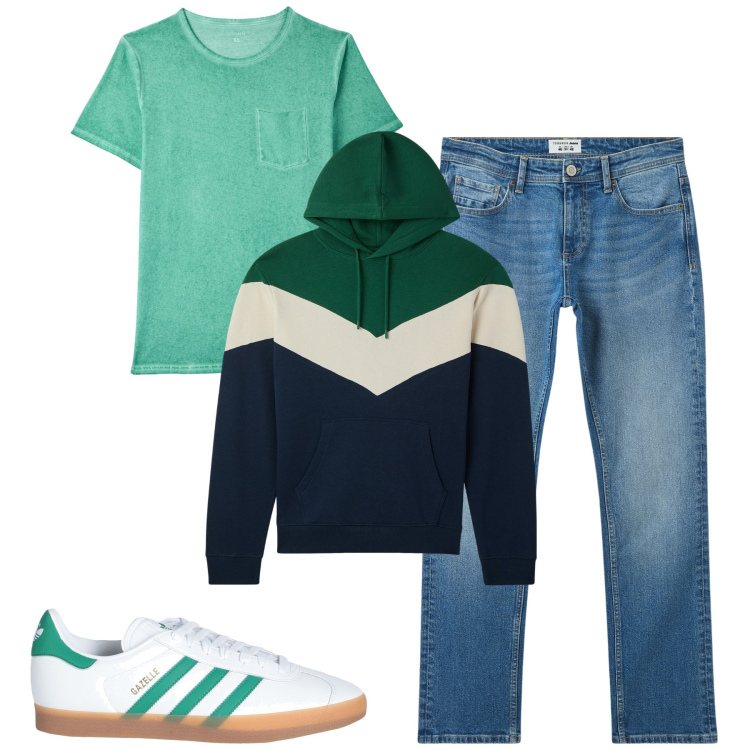 Outfit uomo - Total look #2087560. Stile Casual per Tutti i giorni. Abbinamento con sneakers, t-shirt, jeans, felpe con cappuccio.
