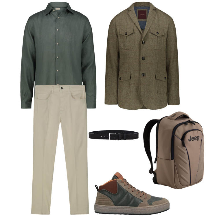 Outfit uomo - Giornata intensa. Stile Casual per Tutti i giorni. Abbinamento con sneakers alte, cinture, pantaloni, camicie, giacche, borse sportive.