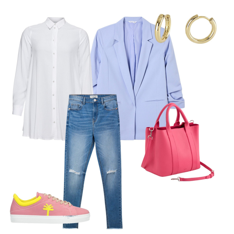 Outfit donna - Le scarpe e la borsa a contrasto. Stile Minimal per Tutti i giorni. Abbinamento con camicie, sneakers, jeans strappati, blazer, orecchini, borse a mano.