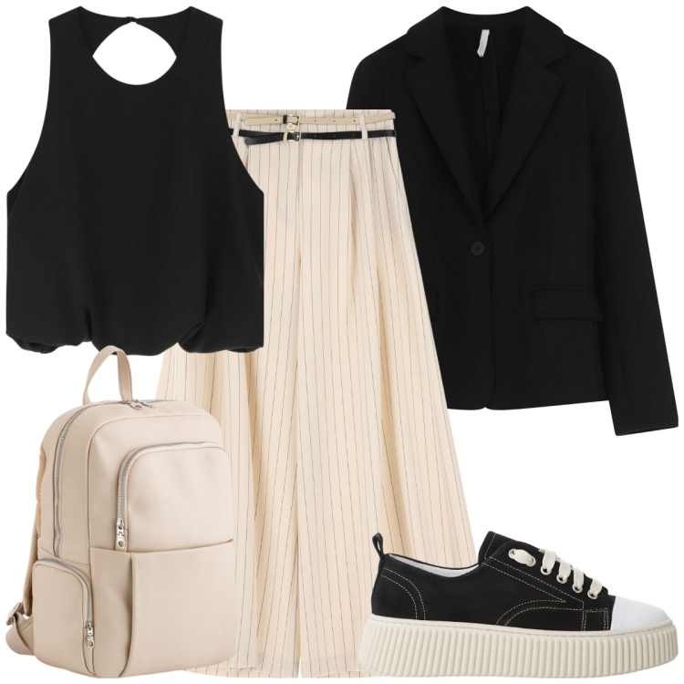Outfit donna - Gessato. Stile Casual per Ufficio. Abbinamento con sneakers, pantaloni a palazzo, top, blazer, zaini.