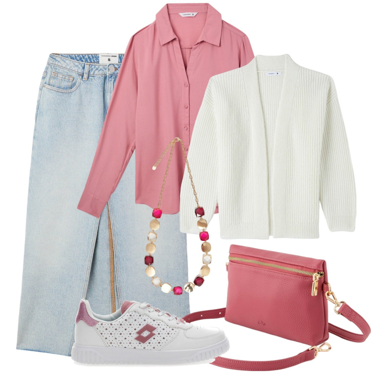 Outfit donna - Total look #2087574. Abbinamento con collane, gonne lunghe, cardigans, camicie, borse a tracolla, sneakers.