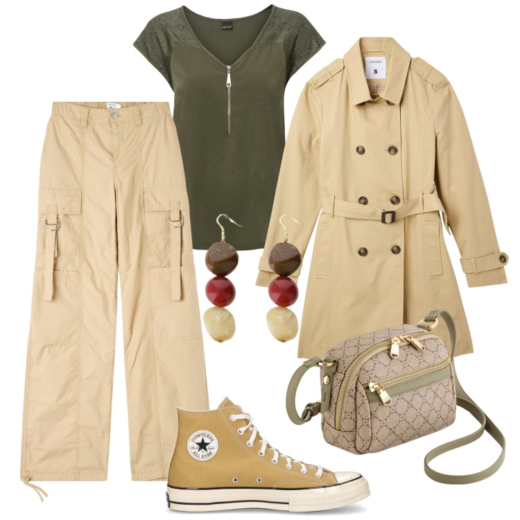 Outfit donna - Cargo e trench per tutti i giorni. Stile Casual per Tutti i giorni. Abbinamento con t-shirt, pantaloni cargo, trench, orecchini, sneakers, borse a tracolla.
