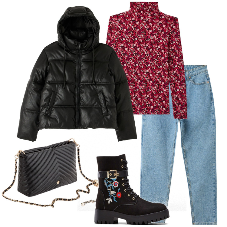 Outfit donna - Stivaletti fioriti. Stile Casual per Tutti i giorni. Abbinamento con stivali, jeans mom, t-shirt, piumini, borse a tracolla.