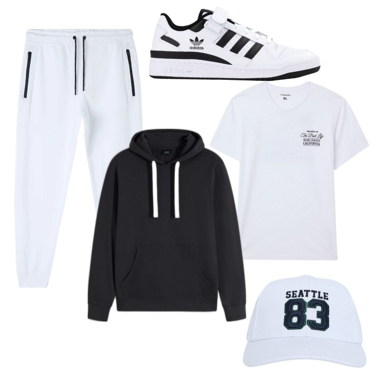 Outfit uomo - Sportivo. Stile Trendy per Sport. Abbinamento con felpe con cappuccio, sneakers, cappelli, t-shirt, pantaloni.