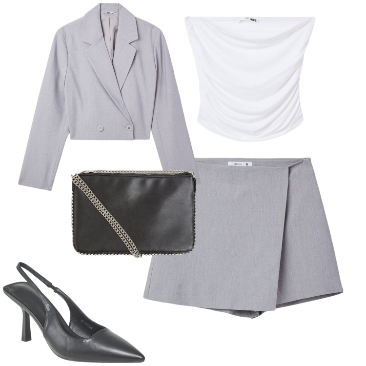 Outfit donna - City. Stile Urban per Tutti i giorni. Abbinamento con minigonne, top, borse a tracolla, blazer, décolleté.