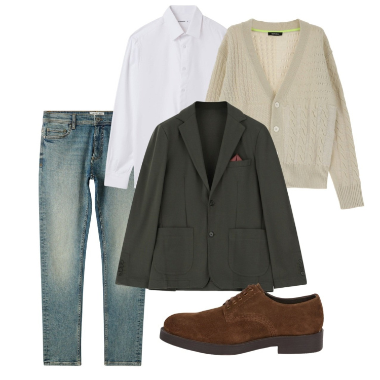 Outfit uomo - Blazer e jeans. Stile Casual per Tutti i giorni. Abbinamento con camicie, jeans skinny, giacche, cardigans, scarpe stringate.