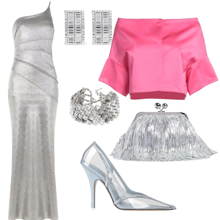 Outfit donna - Red carpet in argento. Stile Chic per Cerimonia. Abbinamento con décolleté, blazer, vestiti lunghi, orecchini, collane, pochette.