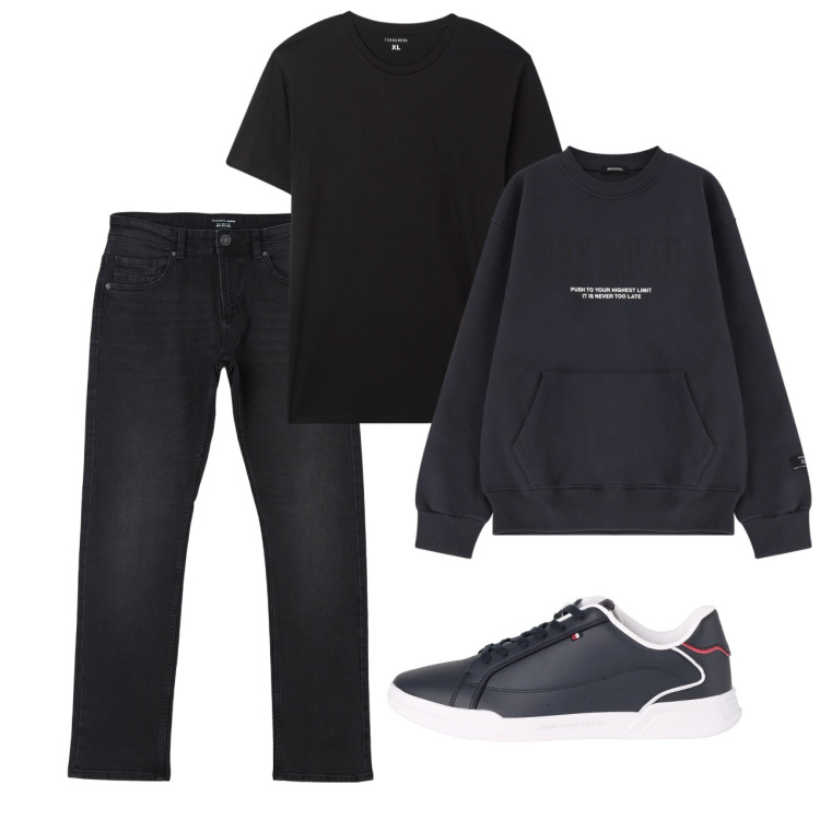 Outfit uomo - Nero. Stile Urban per Tutti i giorni. Abbinamento con sneakers, t-shirt, jeans dritti, felpe.