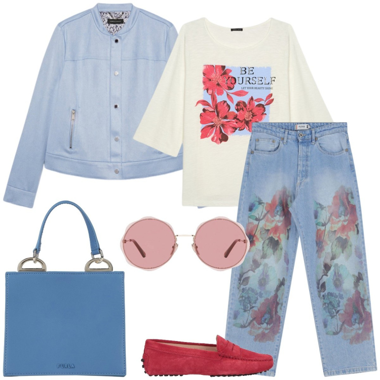 Outfit donna - Total look #2087601. Stile Casual per Tutti i giorni. Abbinamento con occhiali da sole, borse a mano, mocassini, jeans dritti, t-shirt, blazer.