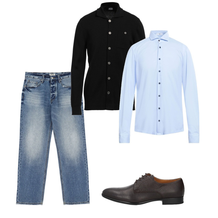 Outfit uomo - Note eleganti. Stile Casual per Tutti i giorni. Abbinamento con scarpe stringate, camicie, cardigans, jeans.