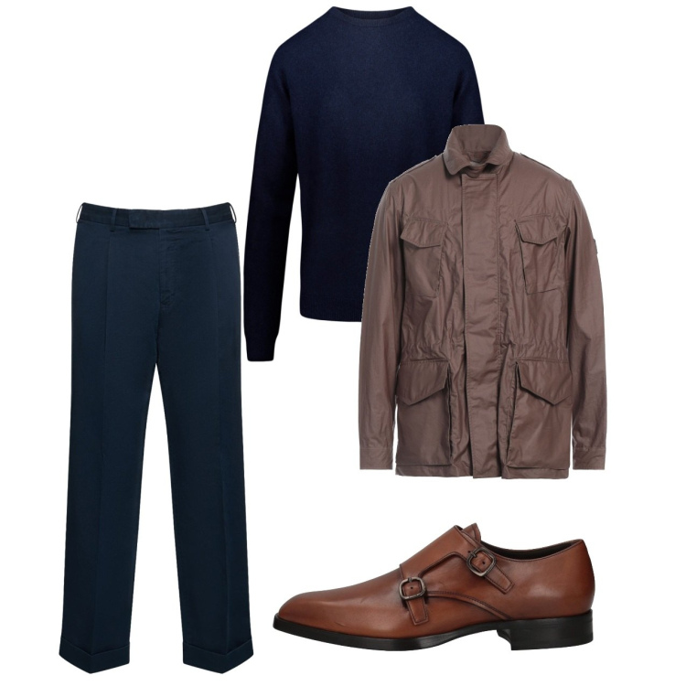 Outfit uomo - Marzo. Stile Casual per Tutti i giorni. Abbinamento con giacche, scarpe stringate, maglieria, pantaloni.