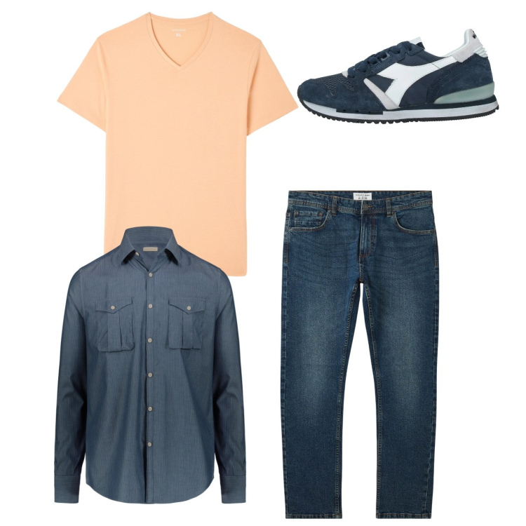 Outfit uomo - City. Stile Casual per Tutti i giorni. Abbinamento con sneakers, jeans, t-shirt, camicie.