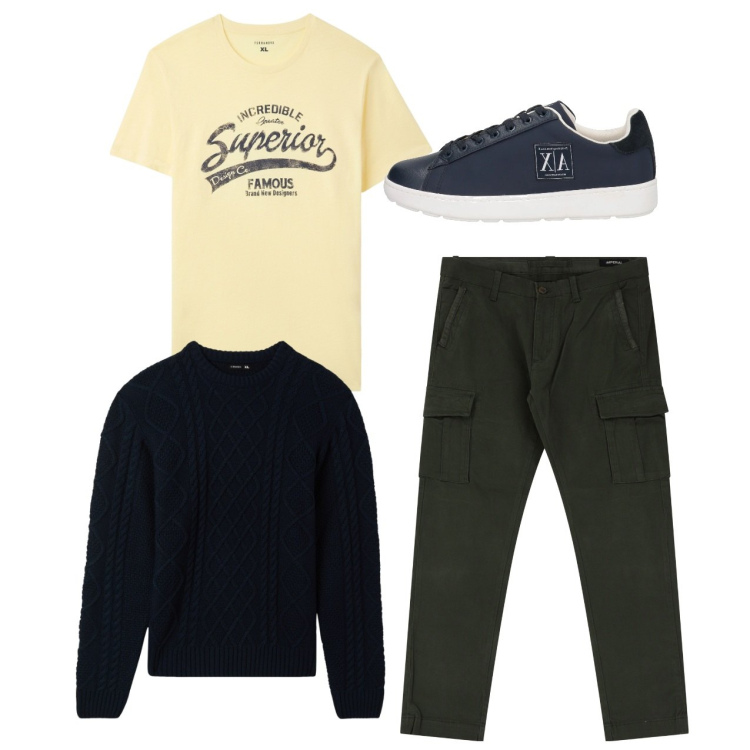Outfit uomo - City. Stile Casual per Tutti i giorni. Abbinamento con sneakers, t-shirt, maglieria, pantaloni cargo.