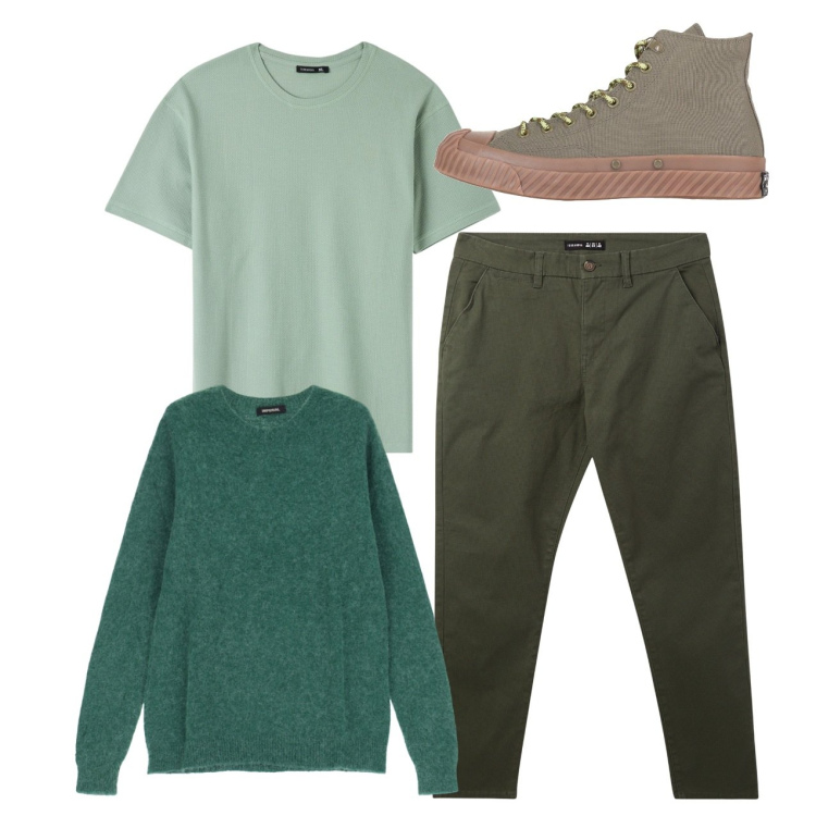 Outfit uomo - City. Stile Casual per Tutti i giorni. Abbinamento con sneakers alte, t-shirt, pantaloni chino, maglieria.